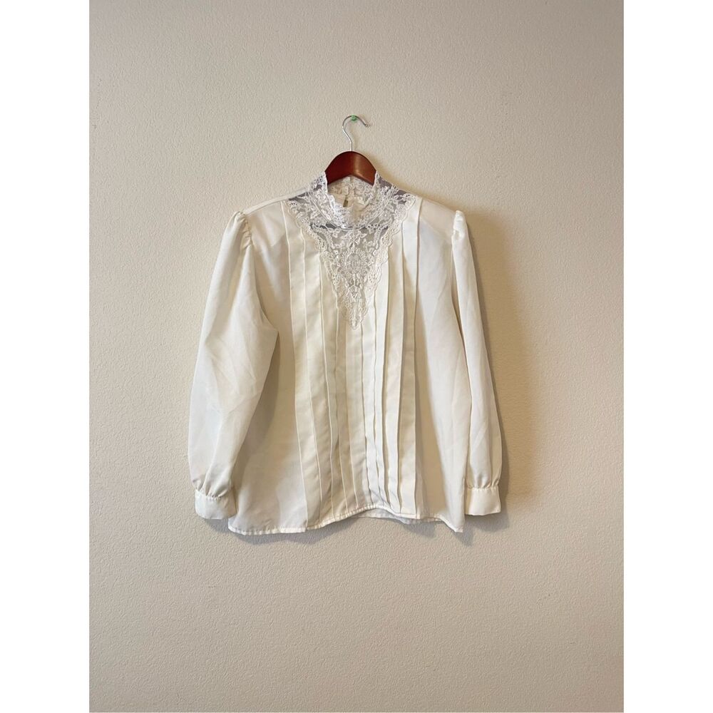 Vintage‎ 80s Victorian style long sleeve blouse lace details size 16